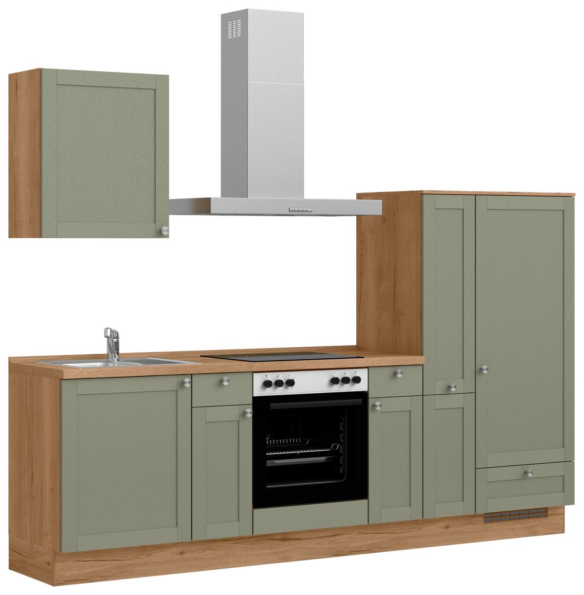 Küchenleerblock Frame Low o. Geräte Olivgrün - Edelstahlfarben/Eichefarben, MODERN, Holzwerkstoff/Metall (270cm) - Nobilia