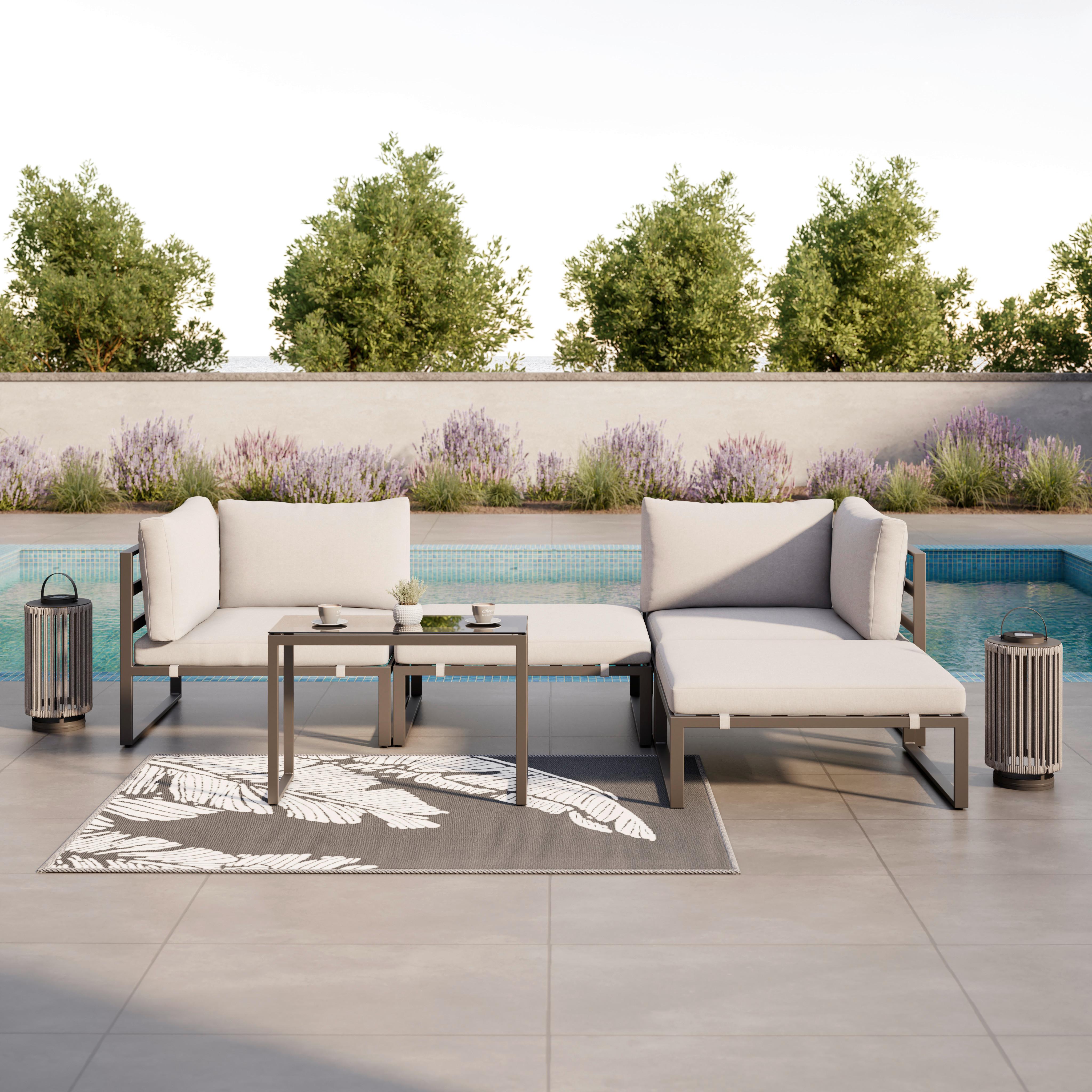 Loungegarnitur Valentina Hellg Metall/Outdoorstoff +Abdeckung - Hellgrau/Schwarz, MODERN, Glas/Textil (90/65/74cm) - Bessagi Garden