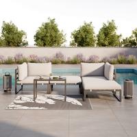 Loungegarnitur Valentina Hellgrau Metall/Textil/Glas - Hellgrau/Schwarz, Modern, Glas/Textil (90/65/74cm) - Bessagi Garden