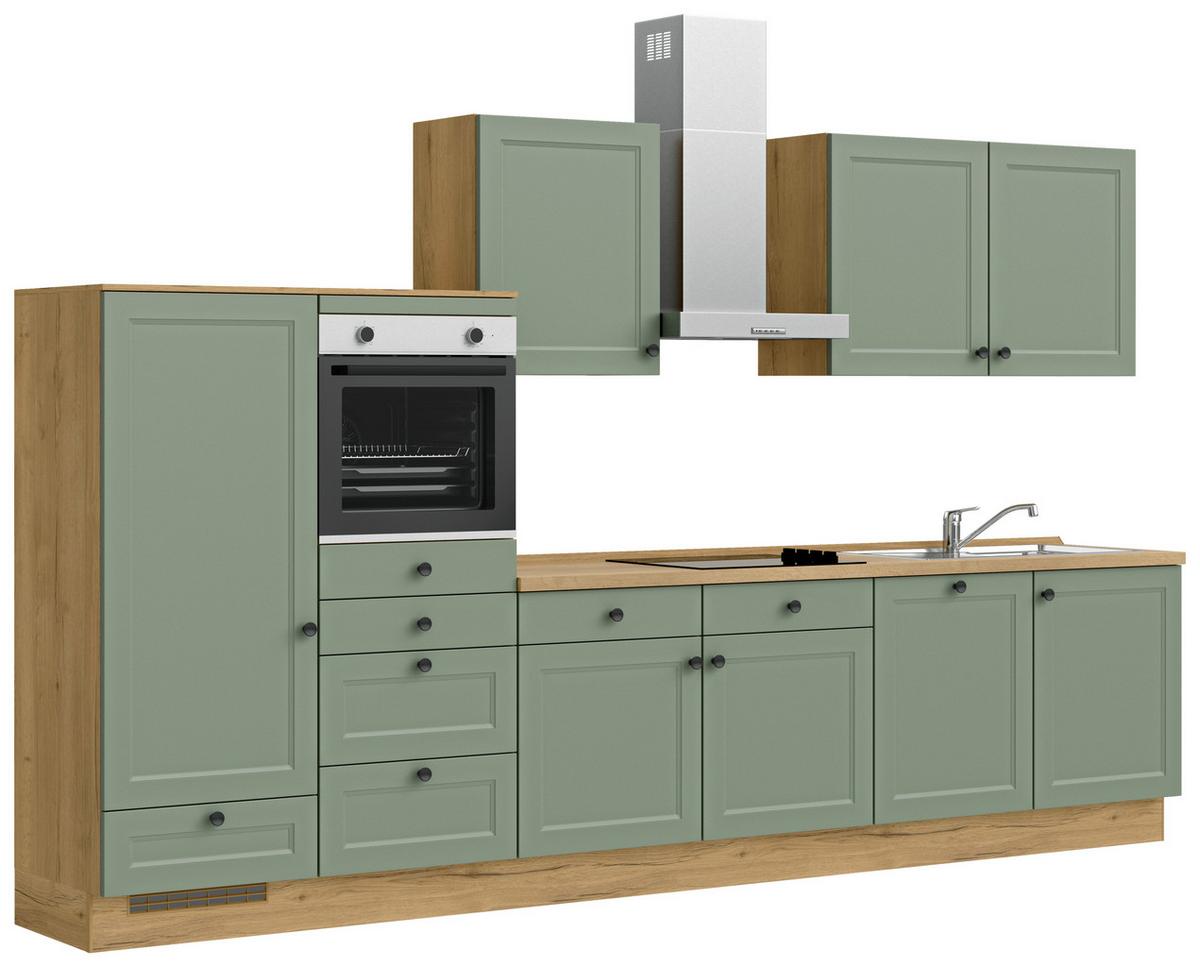 Küchenblock Cascada Low m. Geräten Schilfgrün - Schilfgrün/Eichefarben, MODERN, Holzwerkstoff/Metall (360cm) - Nobilia