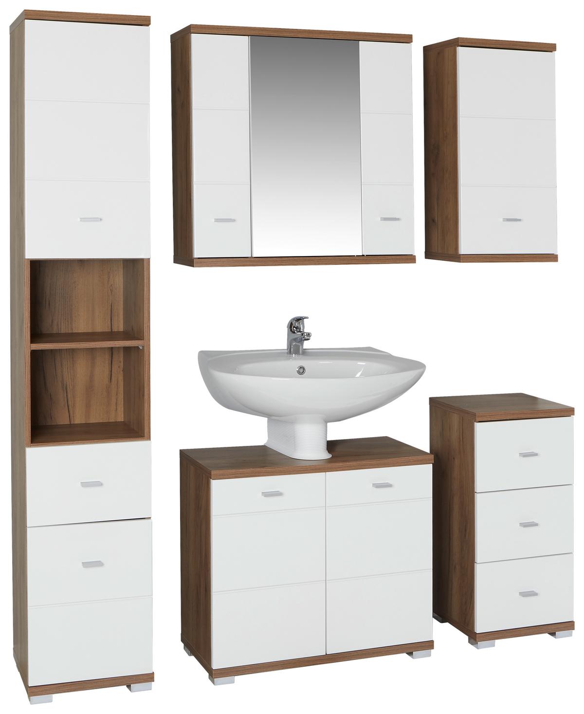 Mobilier de baie Bari - alb/culoare lemn stejar, Konventionell, material pe bază de lemn (140,5/190/32cm)