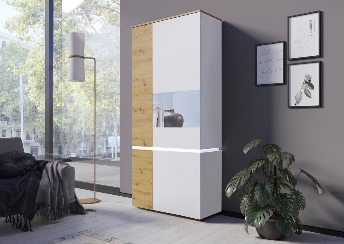 Vitrină LUCI - alb/stejar Artisan, Trend, sticlă/material pe bază de lemn (90,4/199/40cm) - Modern Living