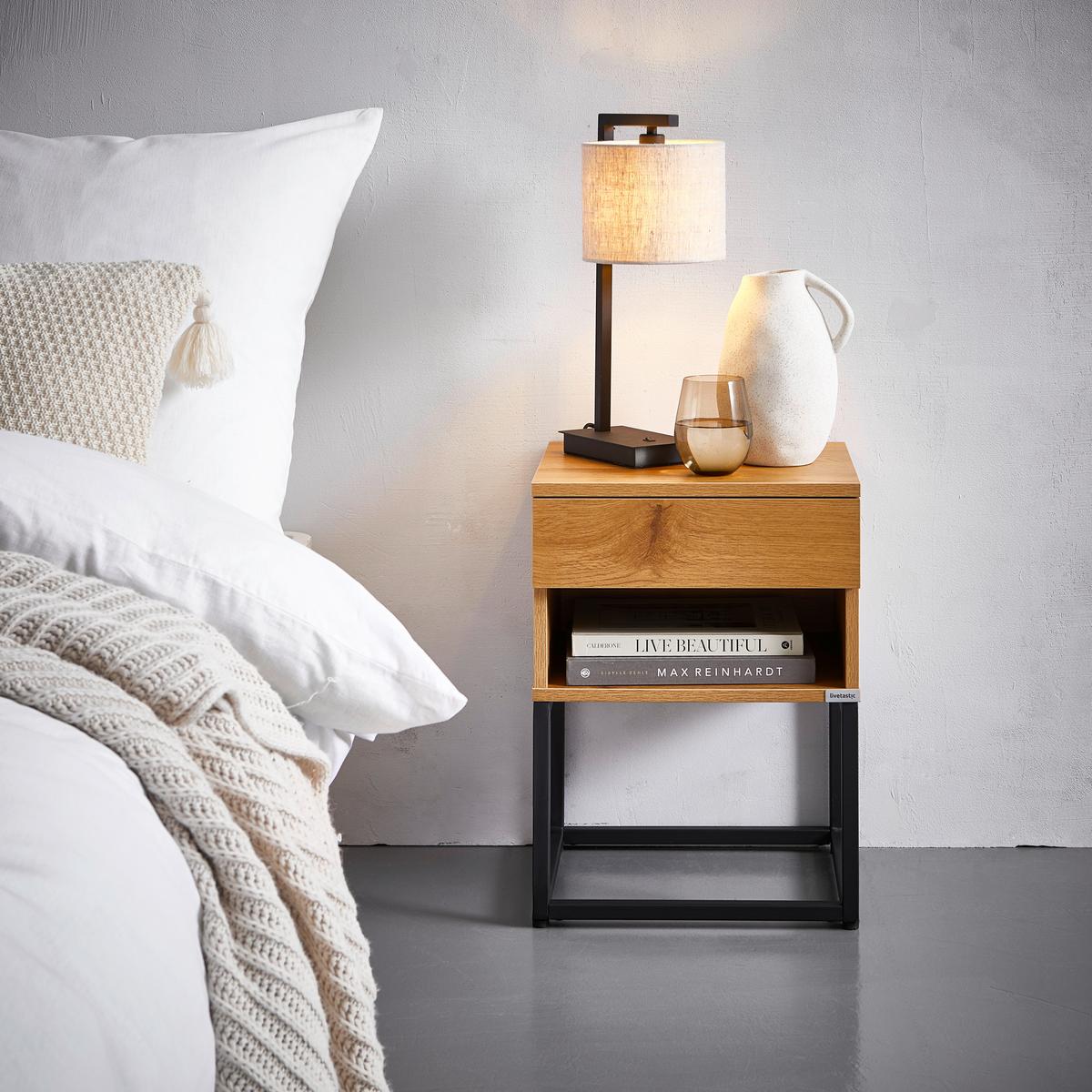 SZAFKA NOCNA AMSTERN S04 OAK - kolor dębowy/czarny, Modern, materiał drewnopochodny/metal (40/55/35cm) - Livetastic