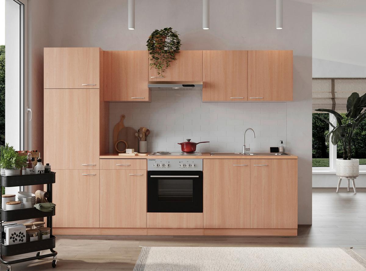 Küchenblock Gerda mit Geräten ca. 270 cm Buchefarben - Buchefarben/Alufarben, Basics, Holzwerkstoff/Kunststoff (270cm) - Respekta