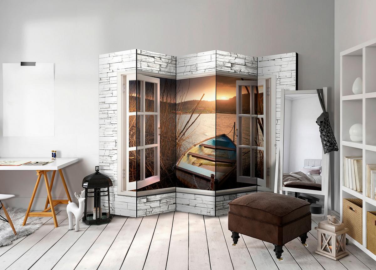 Paravan Autumnal Lake I, 5-Delni, Enostranski - bela/barve konjaka, Basics, tekstil/les (225/172/3cm) - artgeist