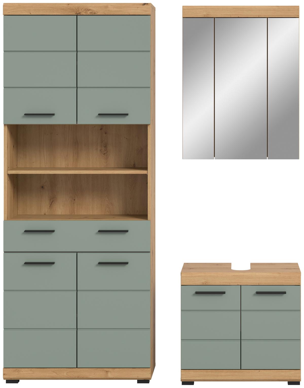 Badezimmer Scout 3-tlg. ca. 134 cm Salbeigrün - Schwarz, MODERN, Holzwerkstoff/Kunststoff (134cm) - MID.YOU