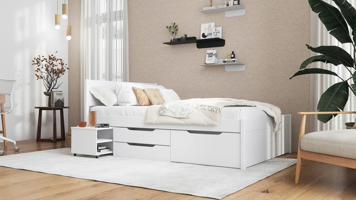 Stauraumbett Efektivo in Weiß ca. 140x200cm - Weiss/Naturfarben, Konventionell, Holz (140/200cm) - Zandiara