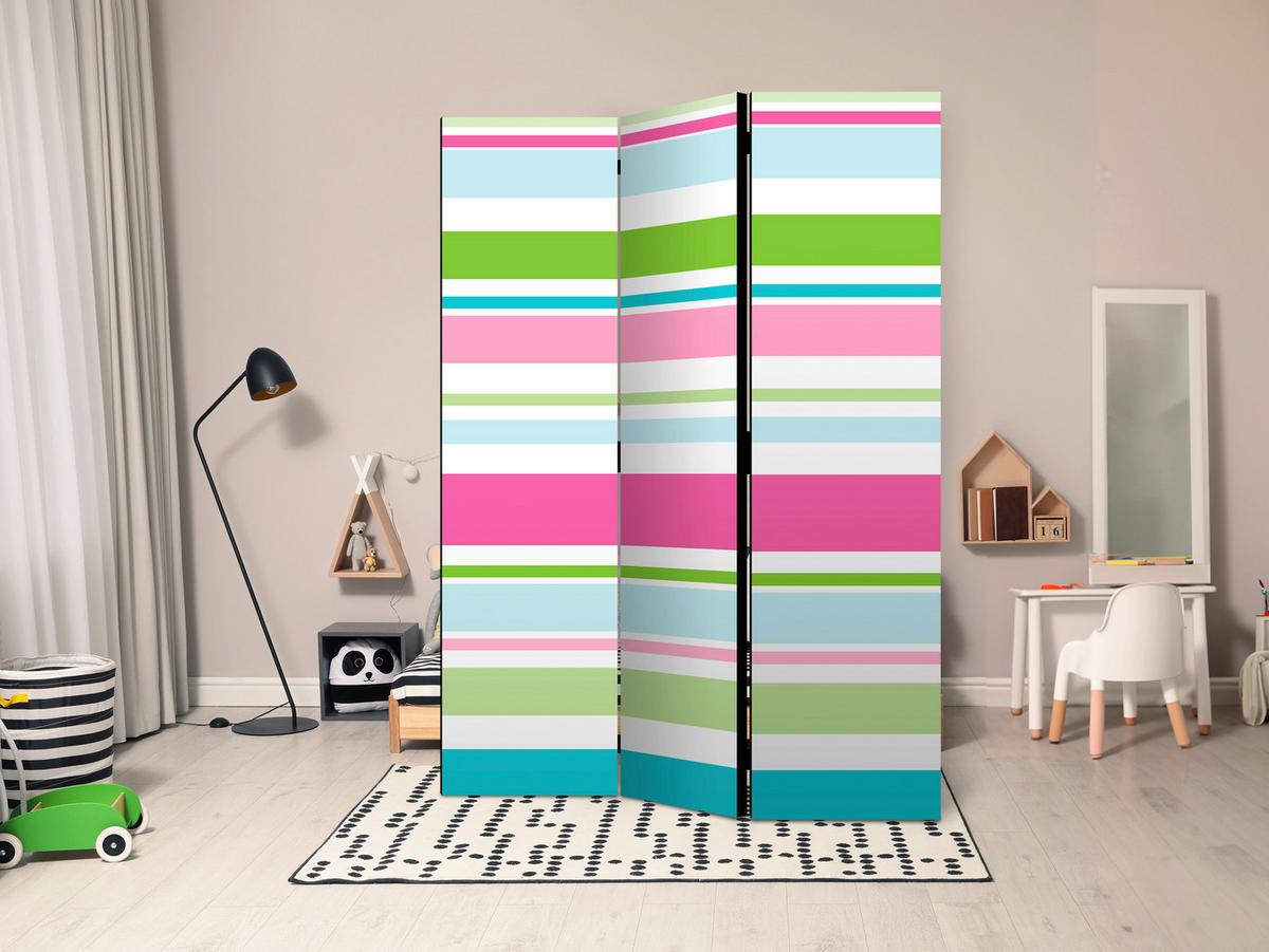 Paravan Bright Stripes, 3-Delni, Dvostranski - turkizna/bela, Basics, tekstil/les (135/172/3cm) - artgeist