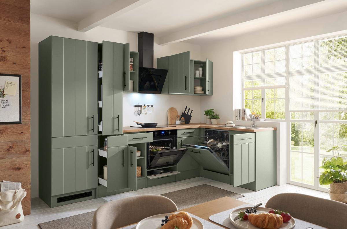 Eckküche Anton m. Geräte ca. 310x172cm Eiche/Schilfgrün - Schilfgrün/Wildeiche, Trend, Holzwerkstoff/Metall (310/172cm) - Respekta