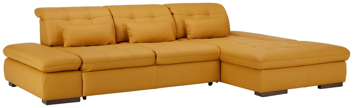 Ledersofa in Gelb mit Bettfunktion - Currygelb/Chromfarben, Konventionell, Leder/Metall (305/199cm) - Premium Living