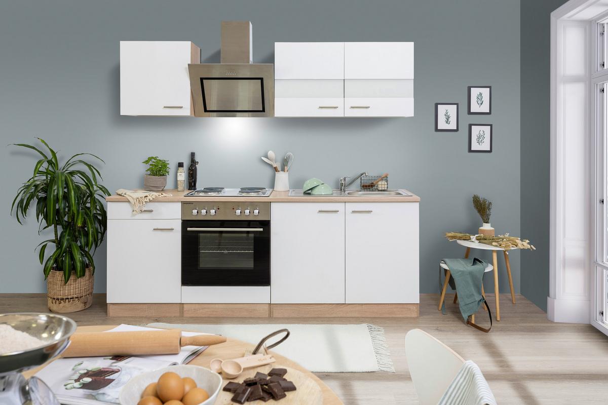 Küchenblock Merle mit Geräten ca. 210 cm Weiß - Edelstahlfarben/Eichefarben, Basics, Holzwerkstoff/Metall (210cm) - Respekta