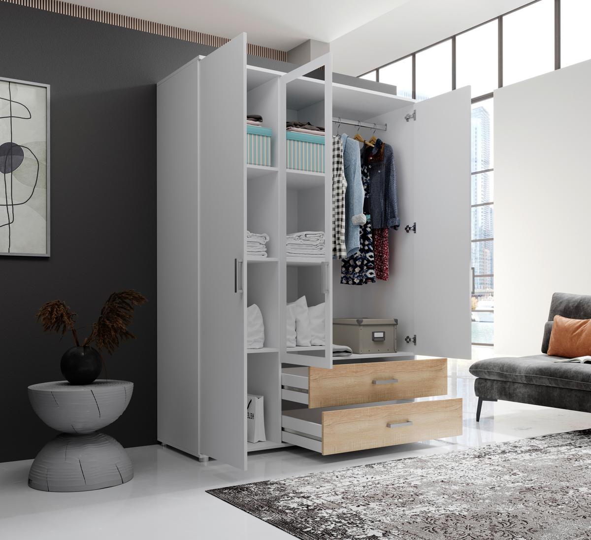 Omara S Klasičnimi Vrati Ivar, Bela, Barva Hrasta - bela/barve aluminija, Moderno, umetna masa/leseni material (125/190/51cm) - MID.YOU