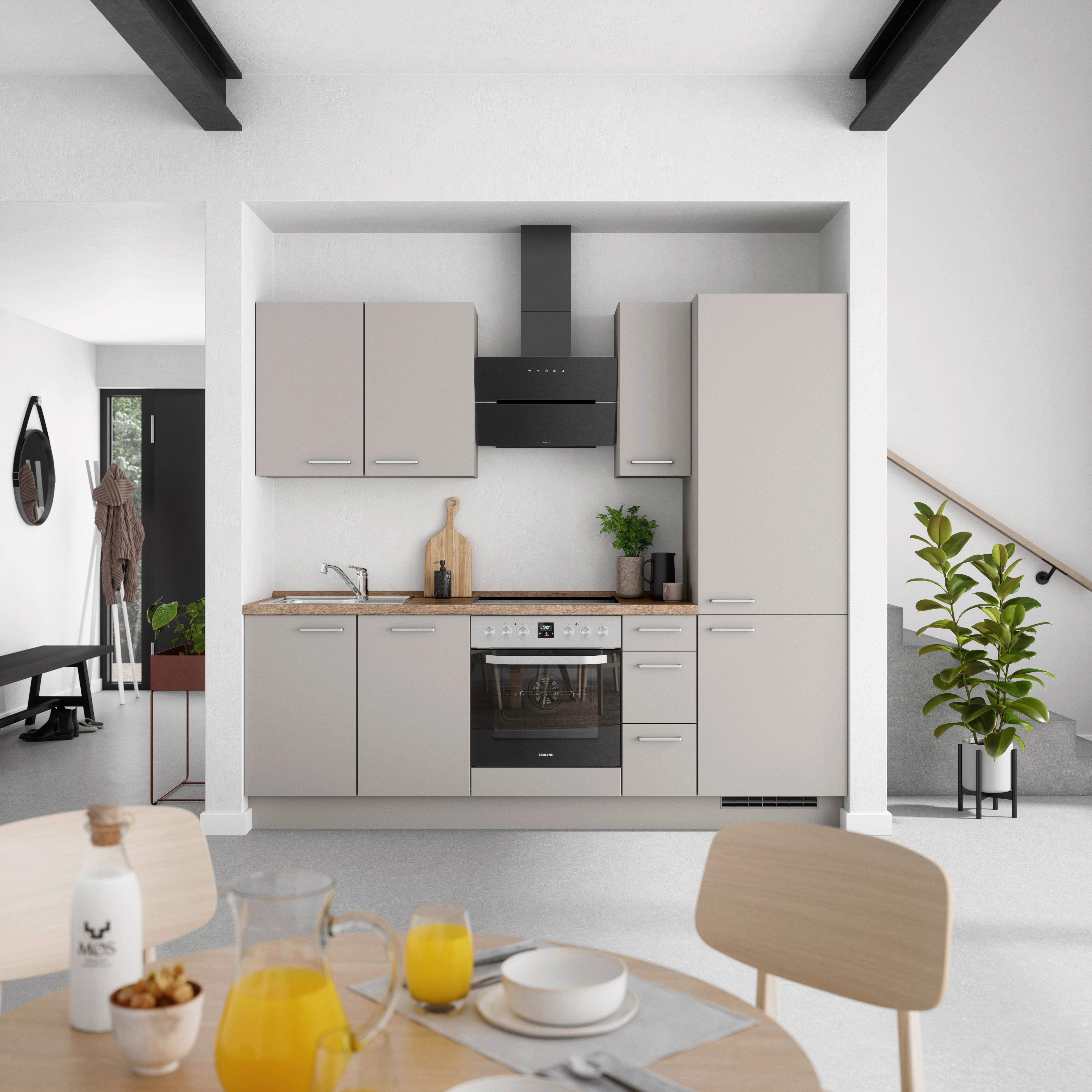 Küchenblock Touch High m. Geräten Grau - Eiche dunkel/Edelstahlfarben, MODERN, Holzwerkstoff/Metall (240cm) - Nobilia