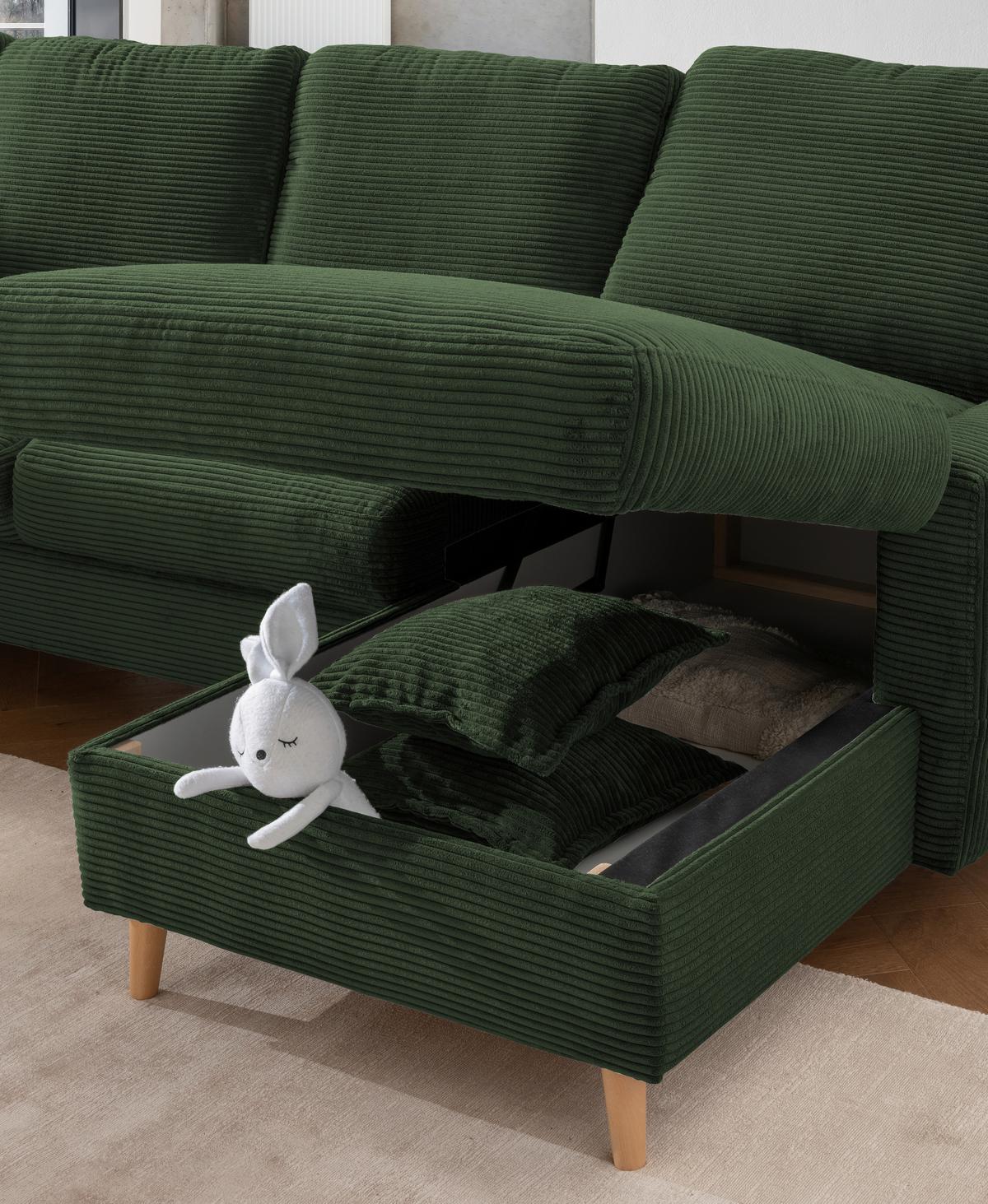 Ecksofa Valentina Cord ca. 228x150 cm Dunkelgrün - Dunkelgrün/Naturfarben, Design, Holz/Textil (228/150cm) - P & B