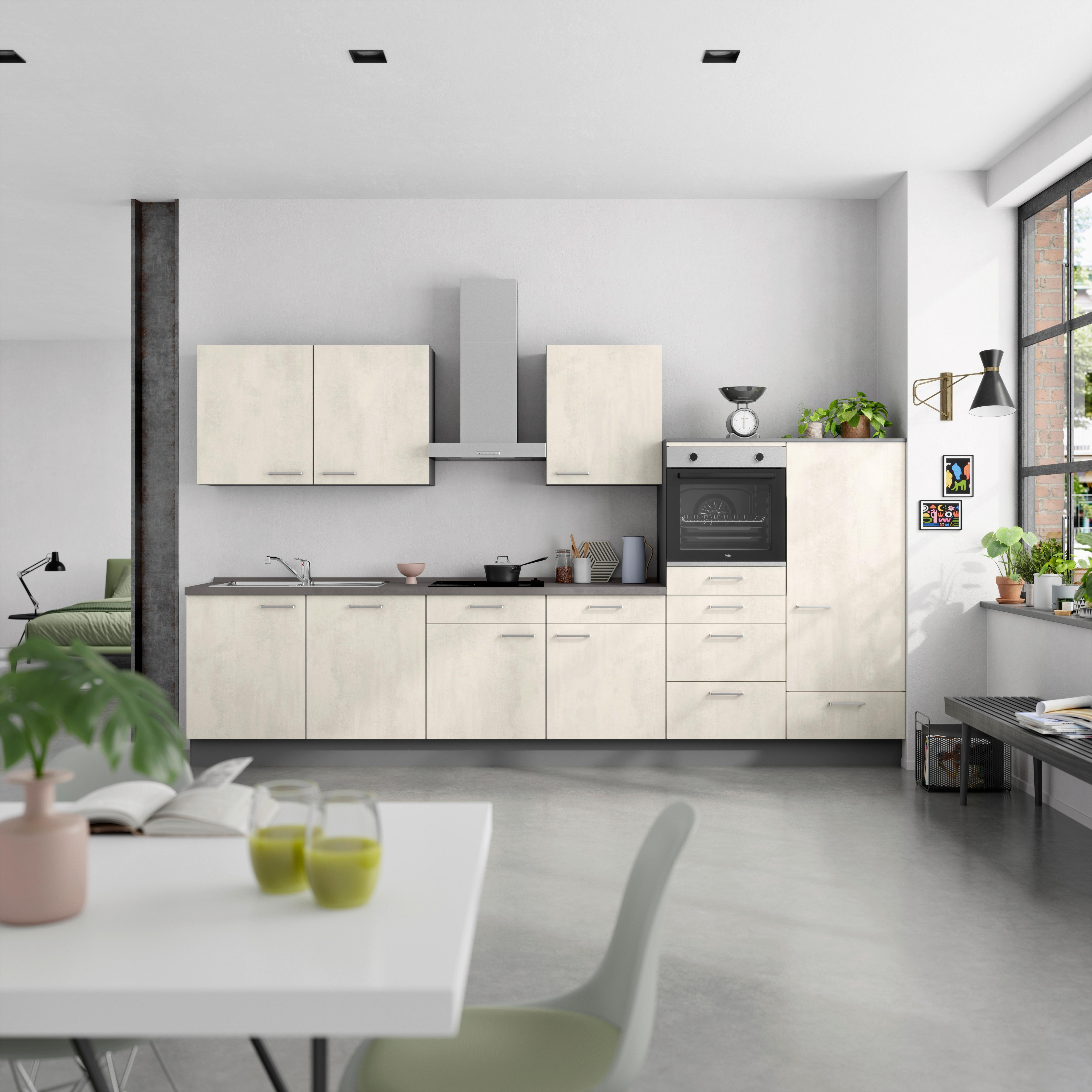 Küchenblock Riva Low m. Geräten Weiß - Schieferfarben/Edelstahlfarben, MODERN, Holzwerkstoff/Metall (360cm) - Nobilia