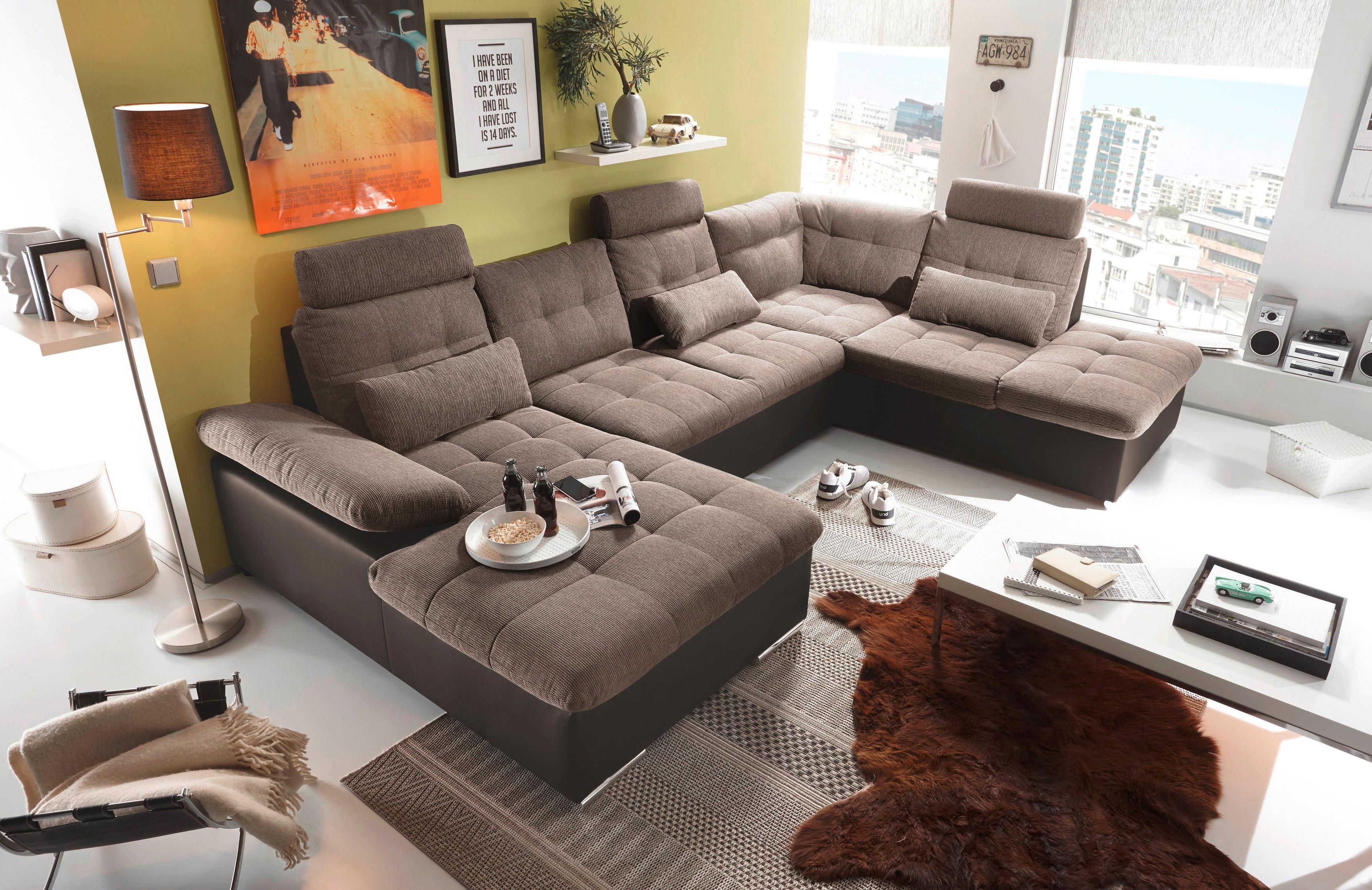 Wohnlandschaft Jakarta U inkl. Kissen Braun - Hellbraun/Dunkelbraun, MODERN, Holzwerkstoff/Textil (170/324/218cm) - MID.YOU