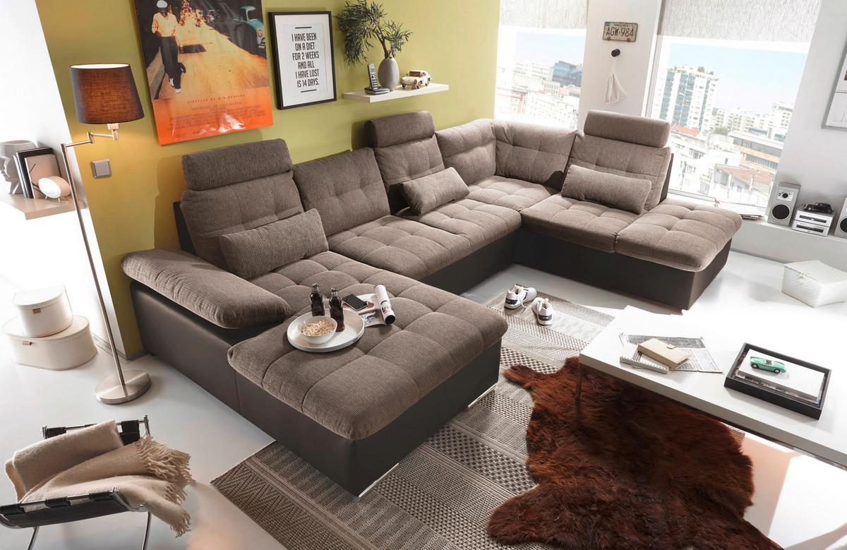 Wohnlandschaft Jakarta U inkl. Kissen Braun - Hellbraun/Dunkelbraun, MODERN, Holzwerkstoff/Textil (170/324/218cm) - MID.YOU