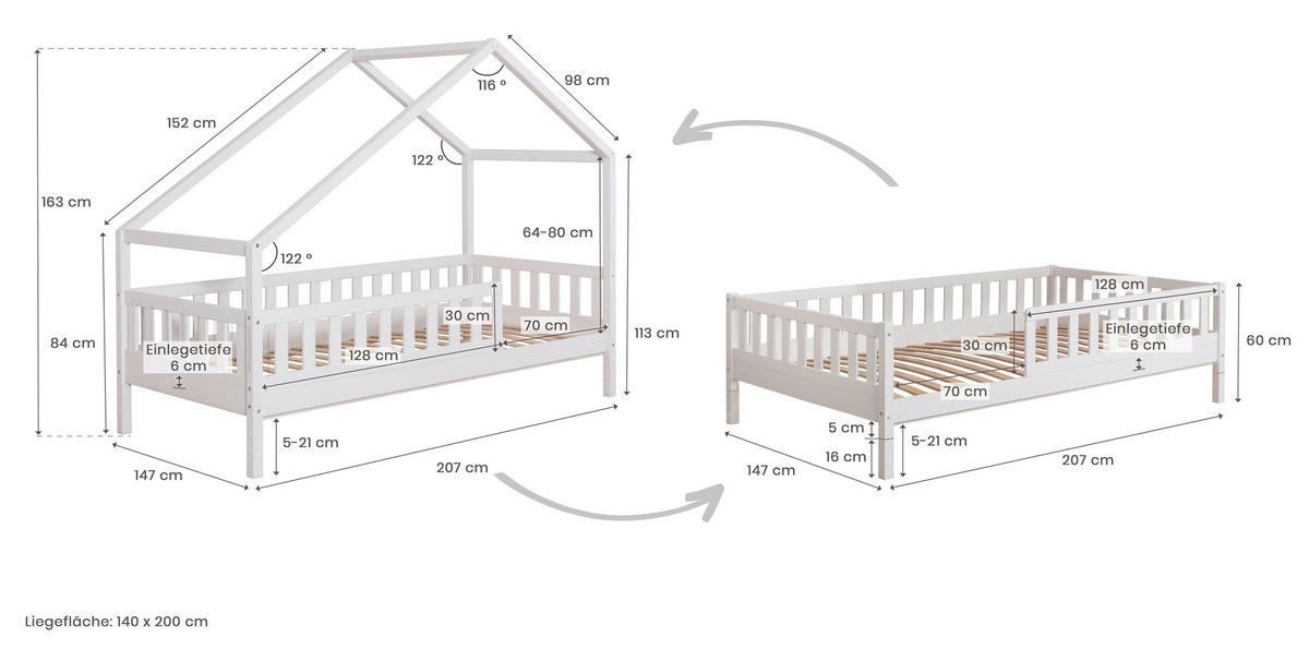 Hausbett Lou ca. 140x200 cm Holz Weiß - Weiß, MODERN, Holz (140/200cm) - MID.YOU