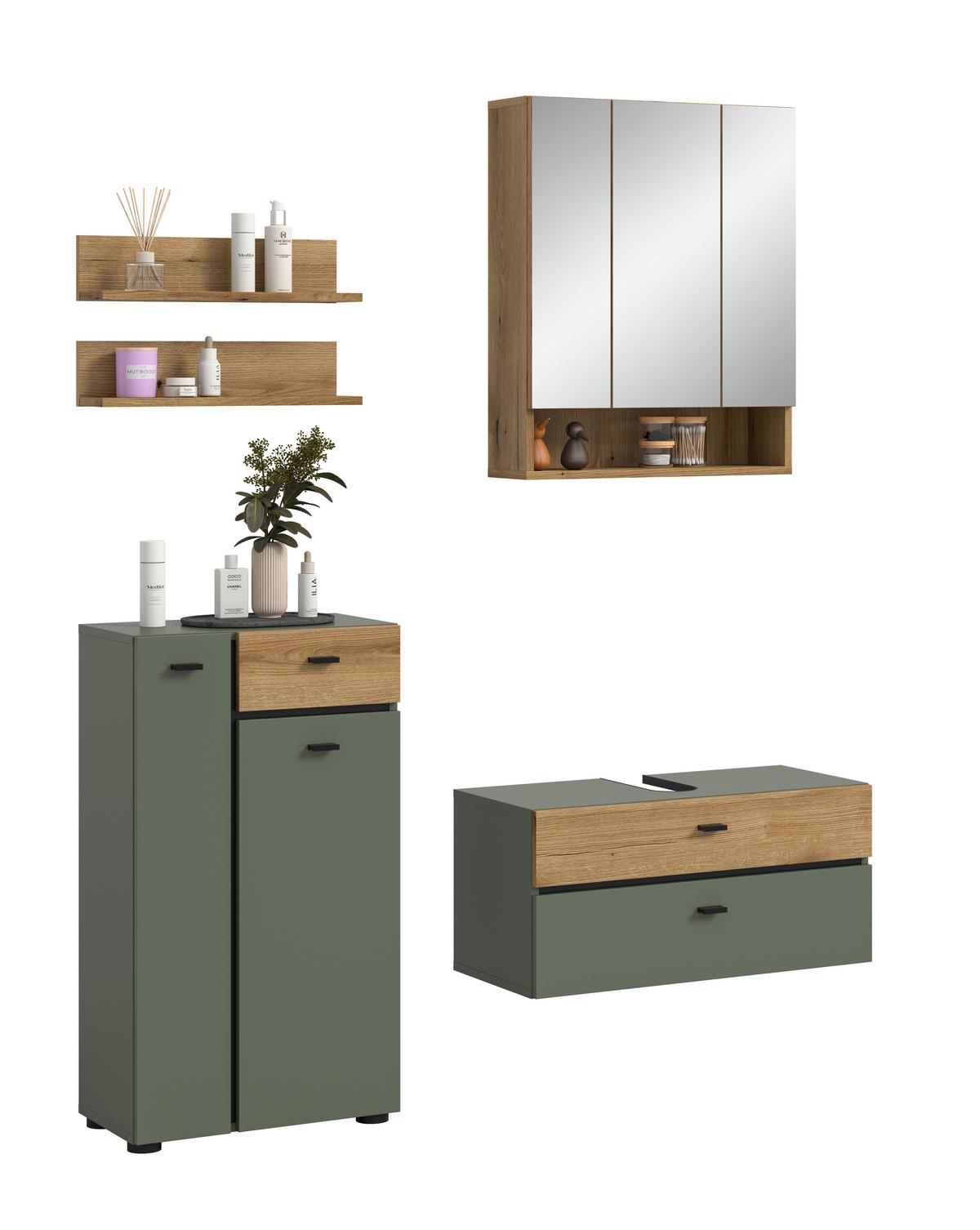 Badezimmer Aqua Grün/Eichefarben 4-teilig - Eichefarben/Schwarz, Trend, Glas/Holzwerkstoff (126cm) - MID.YOU