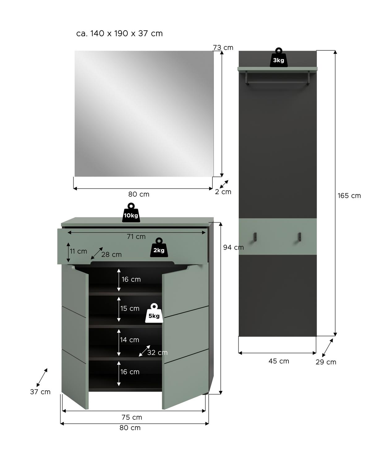 Predsoba Canu, Sivozelena, 3-Delna - Design, leseni material (140/190/37cm) - Livetastic