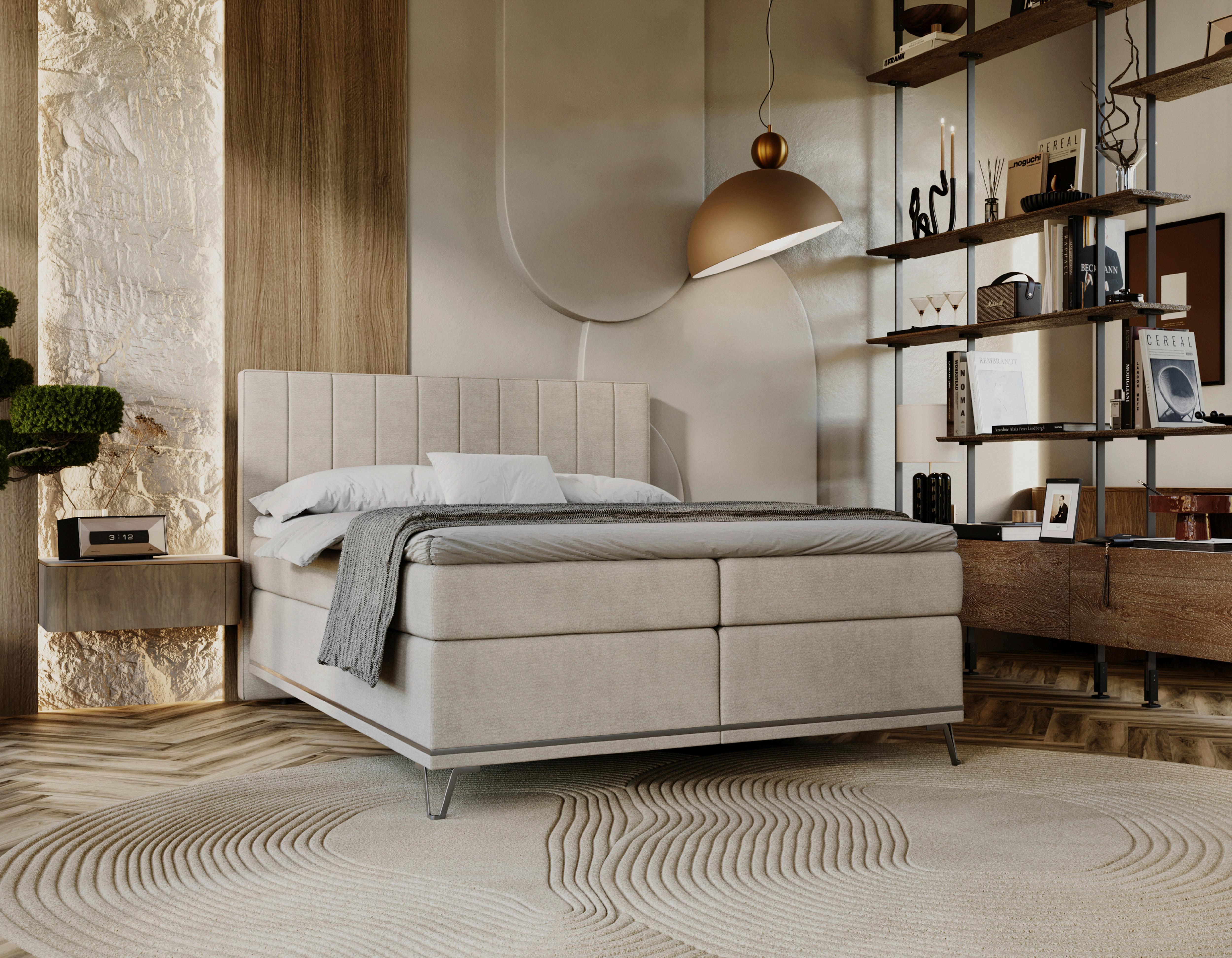 Boxspringbett Cromo Beige Ca. 200x200cm - Beige/Silberfarben, Konventionell, Textil/Metall (200/200cm) - Premium Living