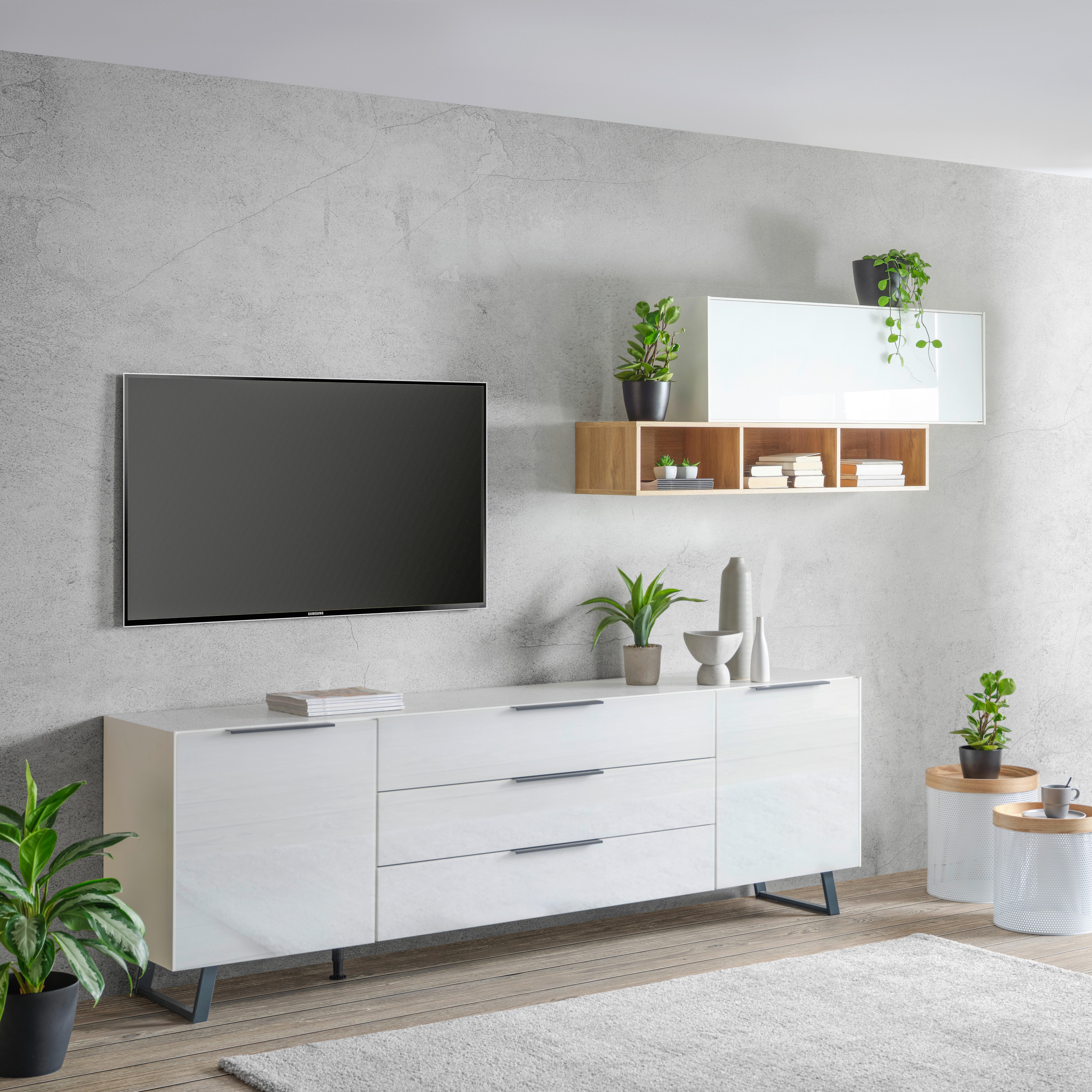 Tv-szekrény Max Box - nemesacélszínű/fehér, Modern, faalapú anyag/Üveg (235/63/45cm) - Premium Living