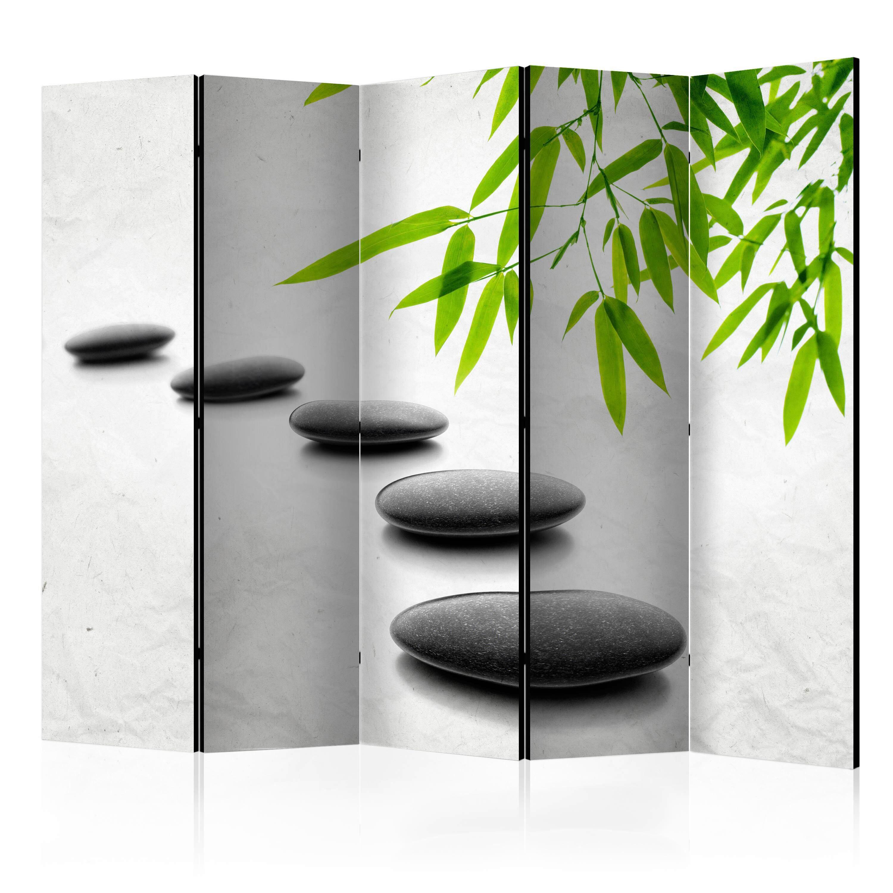 Paravan Zen Stones I, 5-Delni, Dvostranski - zelena/sivobela, Moderno, tekstil/les (225/172/3cm) - artgeist