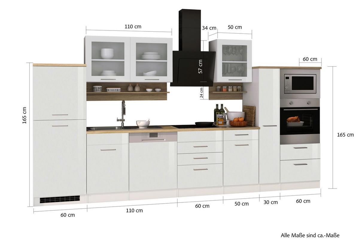 Küchenblock Mailand m. Geräten Weiß Hochglanz - Weiß Hochglanz/Silberfarben, MODERN, Glas/Holzwerkstoff (370cm) - Held