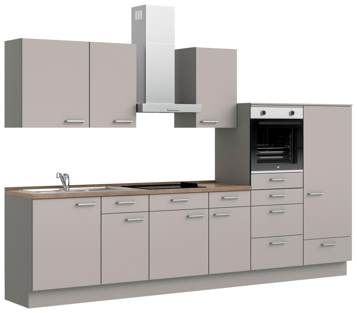 Küchenblock Touch Low m. Geräten Grau - Eiche dunkel/Edelstahlfarben, MODERN, Holzwerkstoff/Metall (330cm) - Nobilia