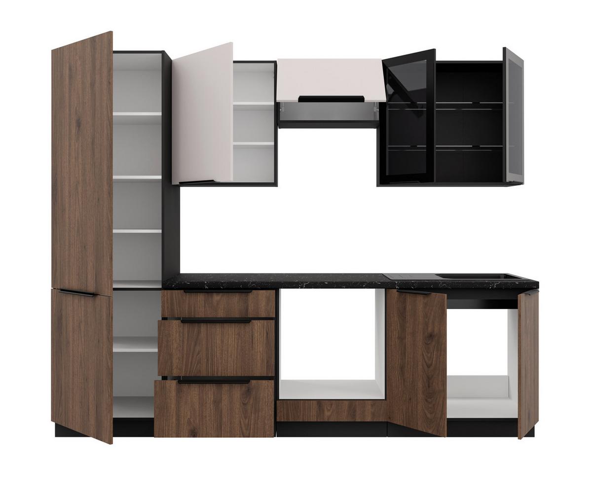Bucatarie fara electrocasnice MONZA/ARONA - cașmir/culoare lemn de nuc, Modern, sticlă/material pe bază de lemn (260/210/60cm) - Modern Living