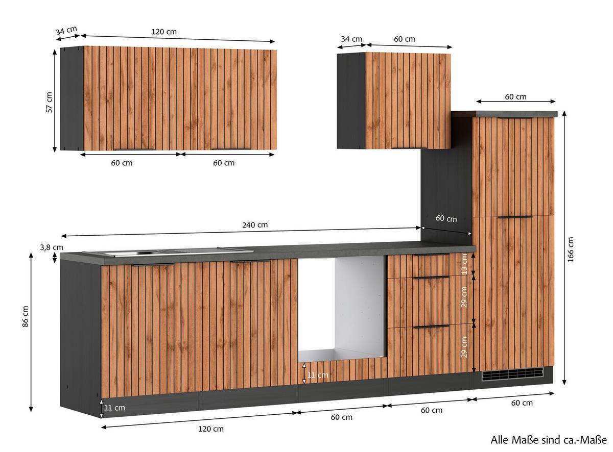 Küchenleerblock Liverpool o. Geräte Graphitfarben - Schieferfarben/Eiche Wotan, Basics, Holzwerkstoff/Metall (300cm) - Held