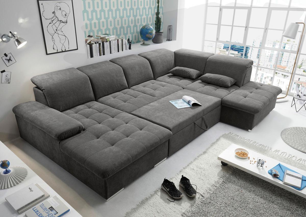Wohnlandschaft Wayne U inkl. Kissen Dunkelgrau - Dunkelgrau/Silberfarben, KONVENTIONELL, Kunststoff/Textil (188/340/240cm) - MID.YOU