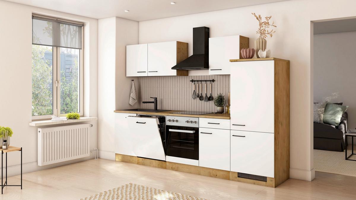 Küchenblock Avila m. Geräten Magnolie - Eichefarben/Magnolie, Trend, Holzwerkstoff/Metall (280cm) - FlexWell