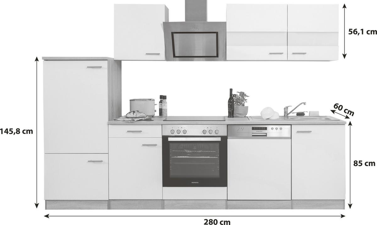 Küchenblock Merle mit Geräten ca. 280 cm Weiß - Eichefarben/Alufarben, Basics, Holzwerkstoff/Metall (280cm) - Respekta