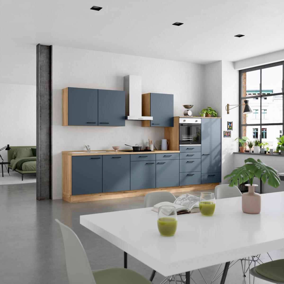 Küchenblock Easytouch Low m. Geräten Blau - Blau/Eichefarben, MODERN, Holzwerkstoff/Metall (360cm) - Nobilia