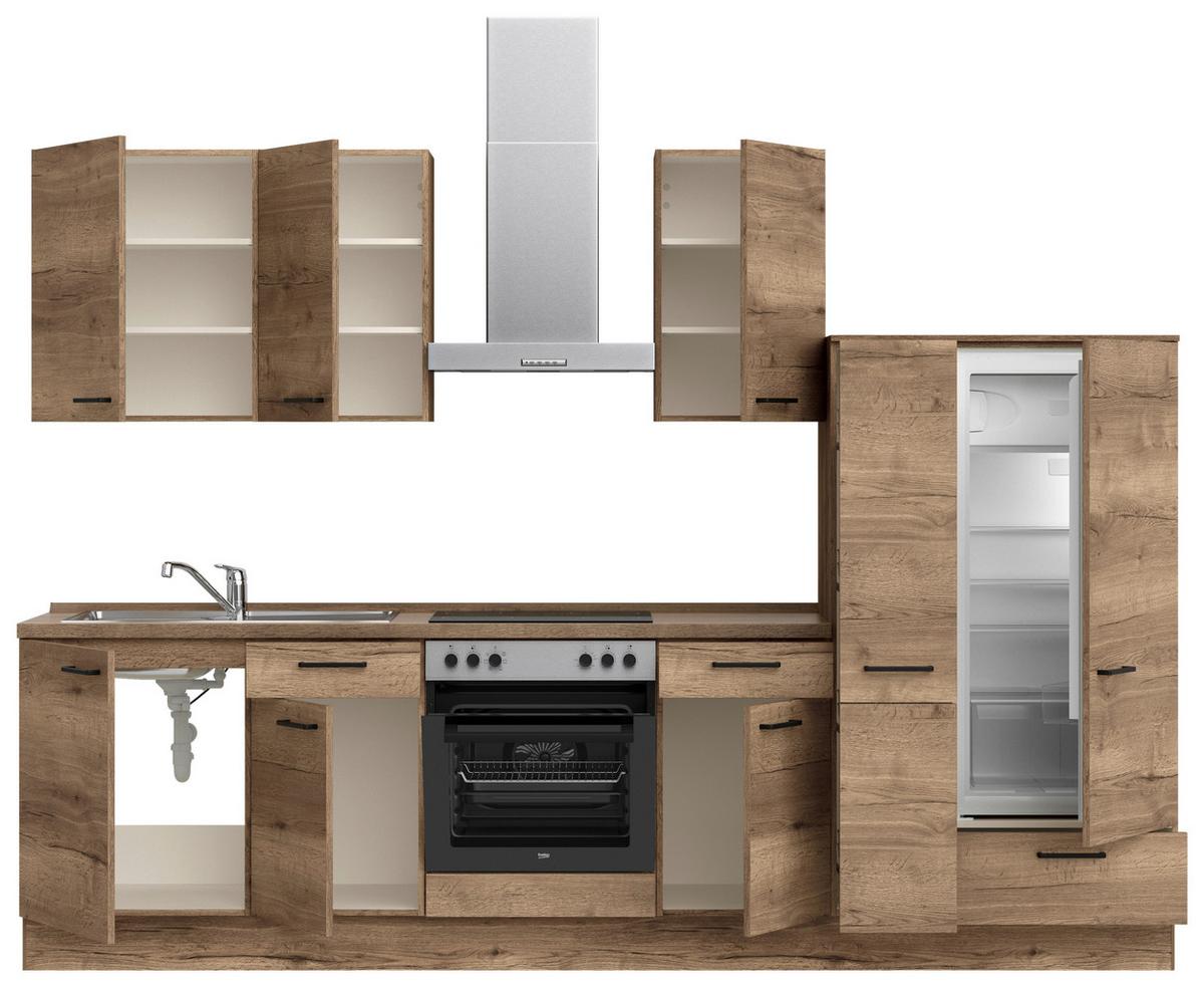 Küchenblock Structura Low m. Geräten Eiche dunkel - Eiche dunkel/Eichefarben, MODERN, Holzwerkstoff/Metall (300cm) - Nobilia