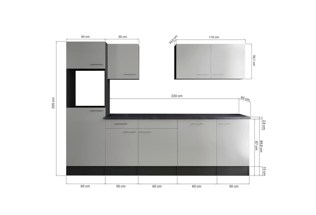 Kuhinjski Blok Brez Aparatov Oliver, 280cm - temno siva/siva, Design, kovina/leseni material (280cm) - Respekta