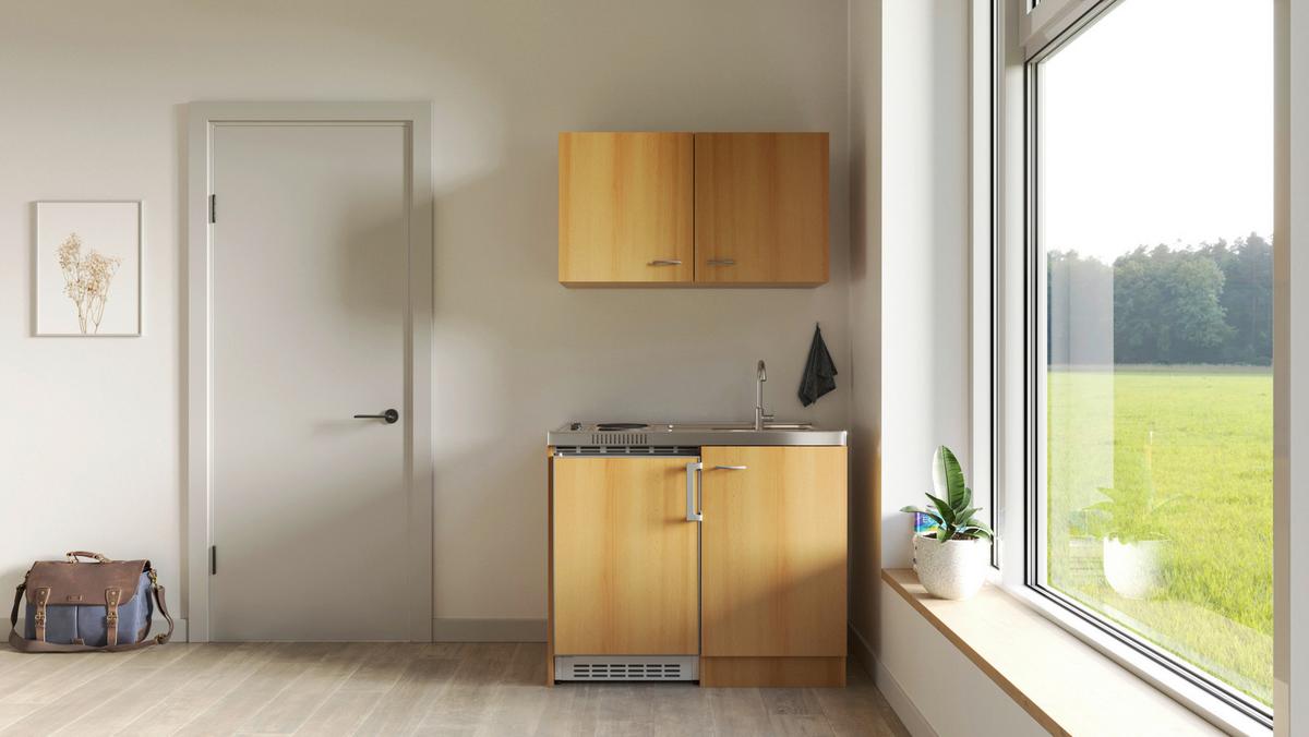 Miniküche Nano mit Geräten ca. 100 cm Buchefarben - Edelstahlfarben/Buchefarben, MODERN, Holzwerkstoff/Kunststoff (100cm) - FlexWell