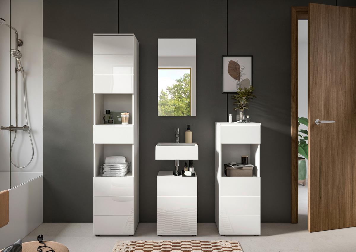 Badezimmer Vira 4-tlg. mit LED ca. 114 cm Weiß - Weiß Hochglanz/Schwarz, MODERN, Holzwerkstoff/Kunststoff (114cm) - MID.YOU