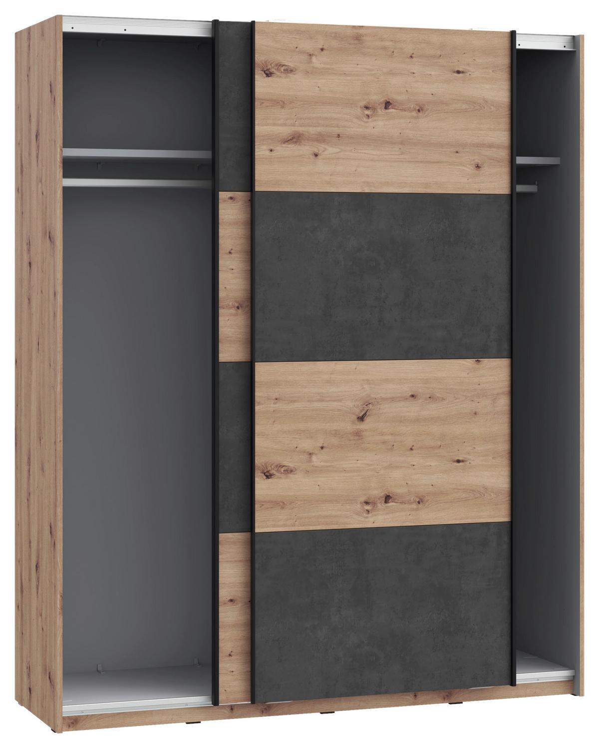 Omara Z Drsnimi Vrati Raven, Barva Hrasta, Temno Siva - temno siva/črna, Design, kovina/leseni material (170/210/61cm) - Carryhome