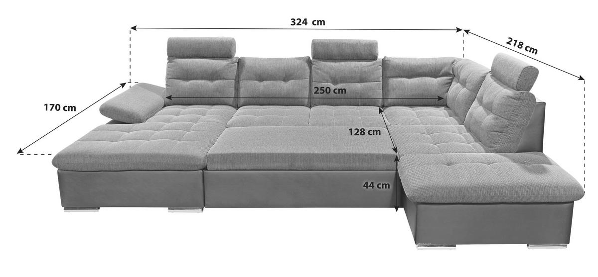 Wohnlandschaft Jakarta U inkl. Kissen Grau/Schwarz - Chromfarben/Schwarz, Design, Kunststoff/Textil (170/324/218cm) - MID.YOU