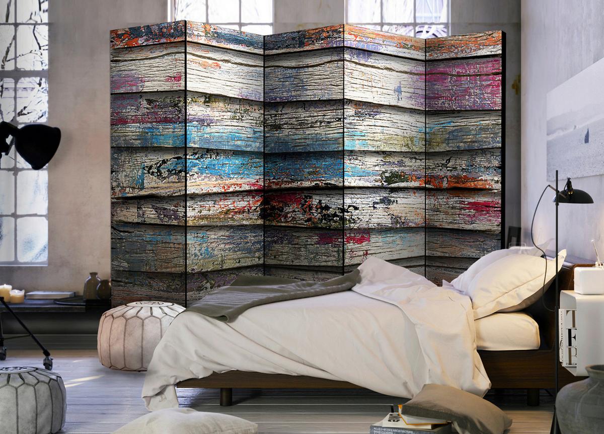 Paravan Colourful Wood I, 5-Delni, Dvostranski - večbarvno, Basics, tekstil/les (225/172/3cm) - artgeist