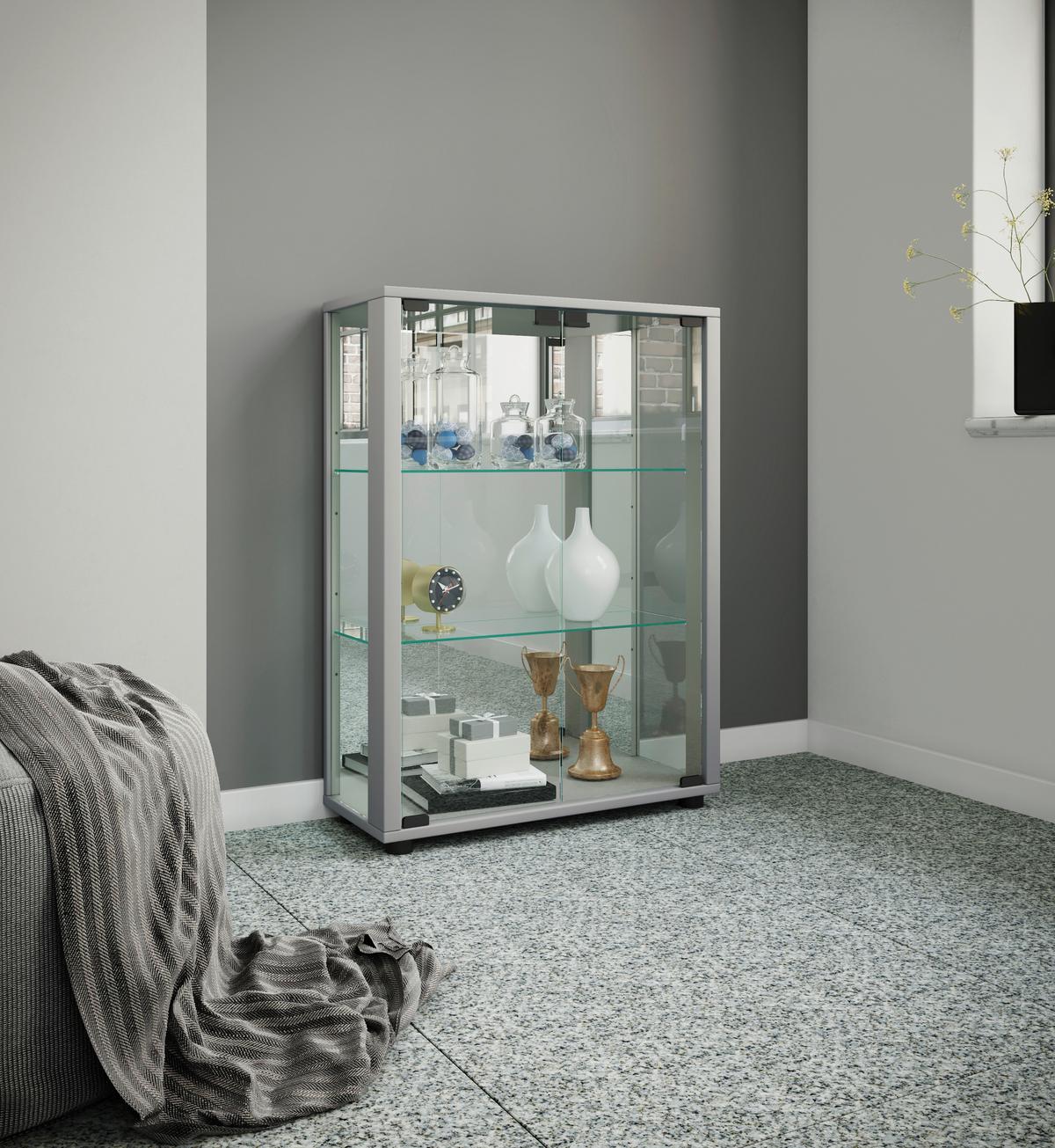 Vitrine Sintalo mit LED ca. 60x80 cm Silber - Silberfarben/Schwarz, MODERN, Glas/Holzwerkstoff (60/80/25cm) - MID.YOU