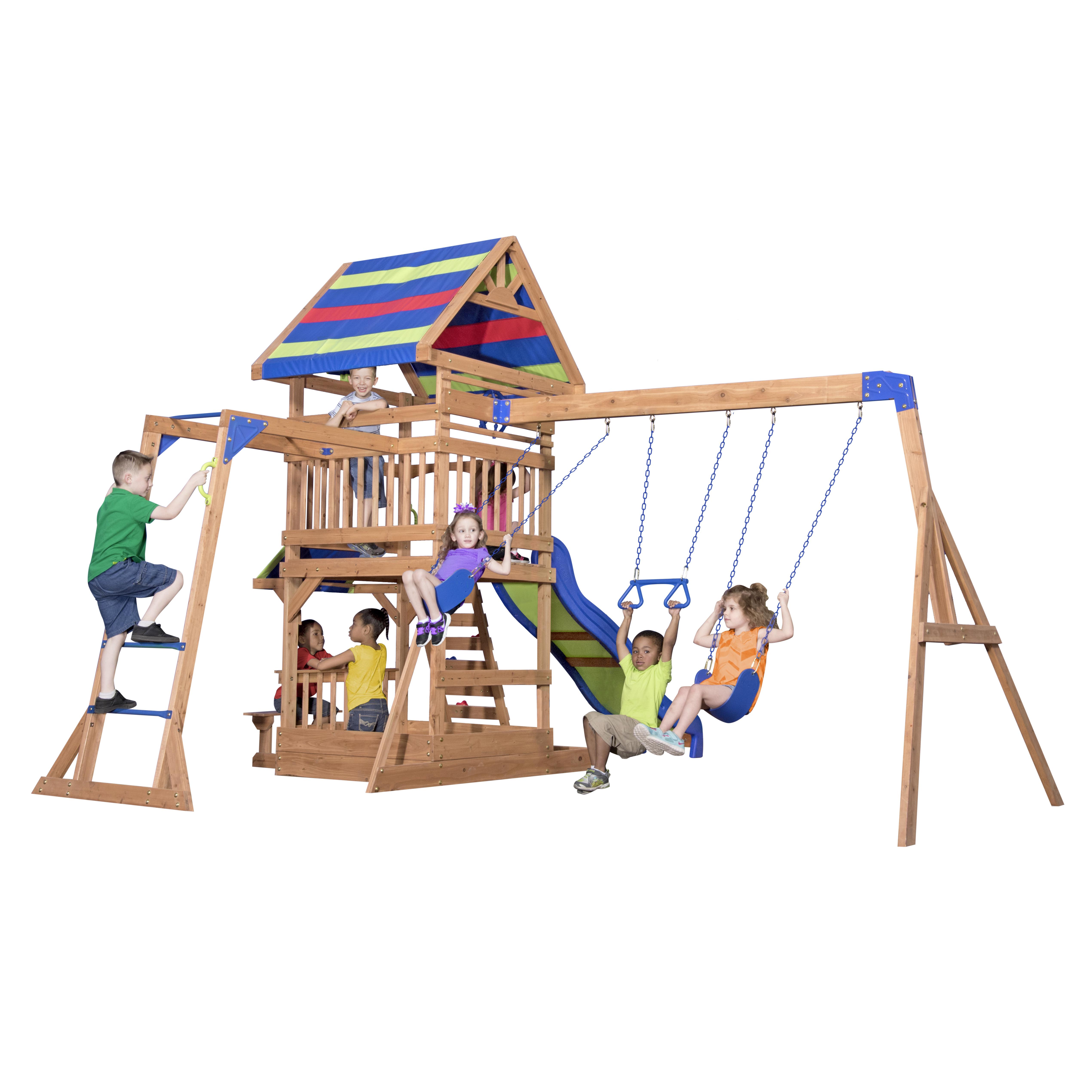 Spielturm Northbrook aus Zeder Massiv - Blau/Rot, Basics, Holz (429,3/299,7/136,9cm) - Ambia Garden