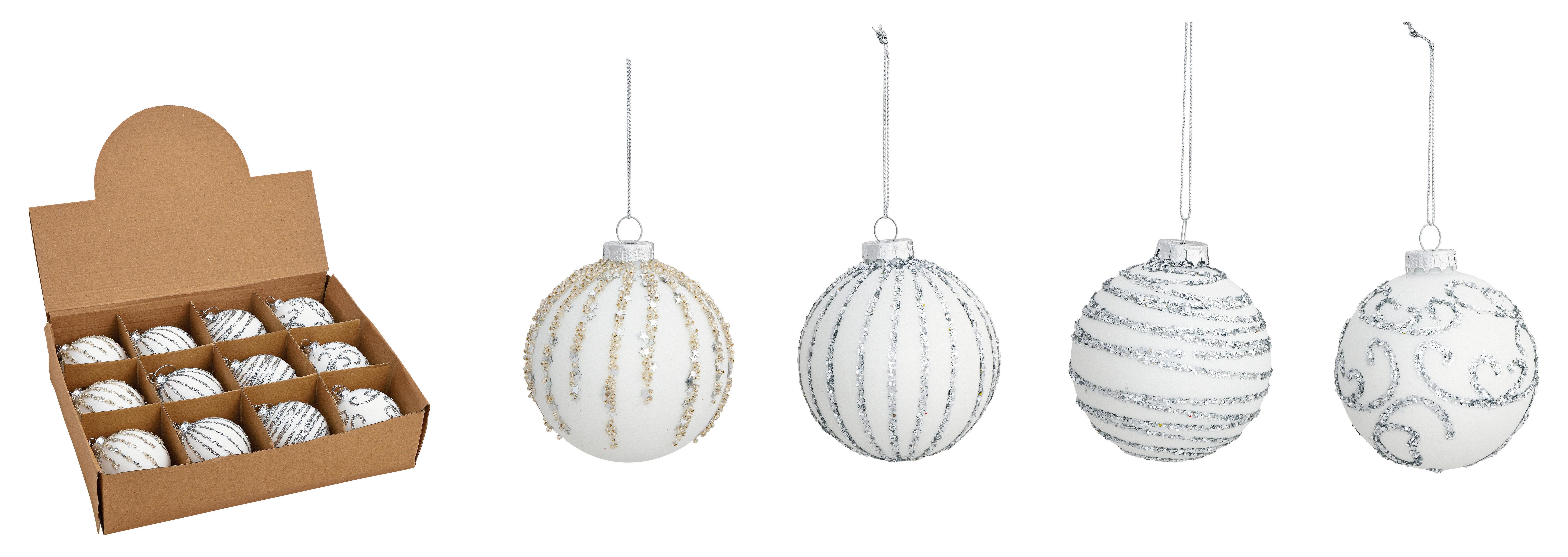 ZESTAW BOMBEK CHOINKOWYCH 10030682 - kolor srebrny/biały, Trend, szkło (8cm) - X-Mas