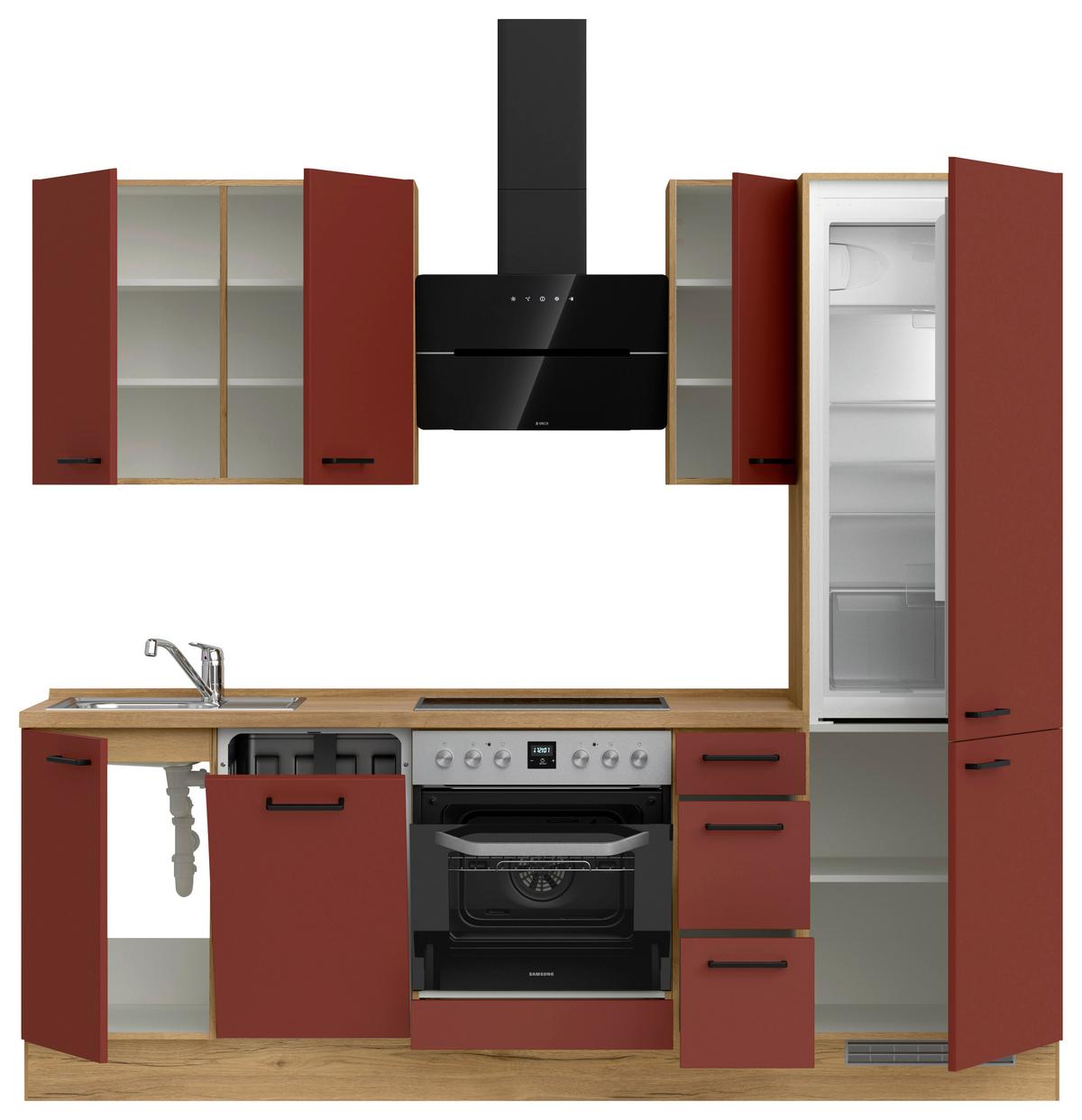 Küchenblock Easytouch High m. Geräten Dunkelrot - Eichefarben/Schwarz, MODERN, Holzwerkstoff/Metall (240cm) - Nobilia
