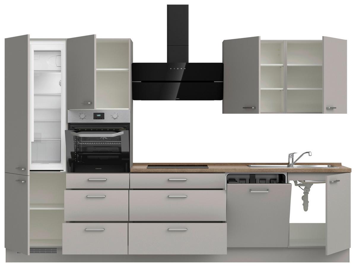 Küchenblock Touch High m. Geräten Grau - Eiche dunkel/Edelstahlfarben, MODERN, Holzwerkstoff/Metall (330cm) - Nobilia