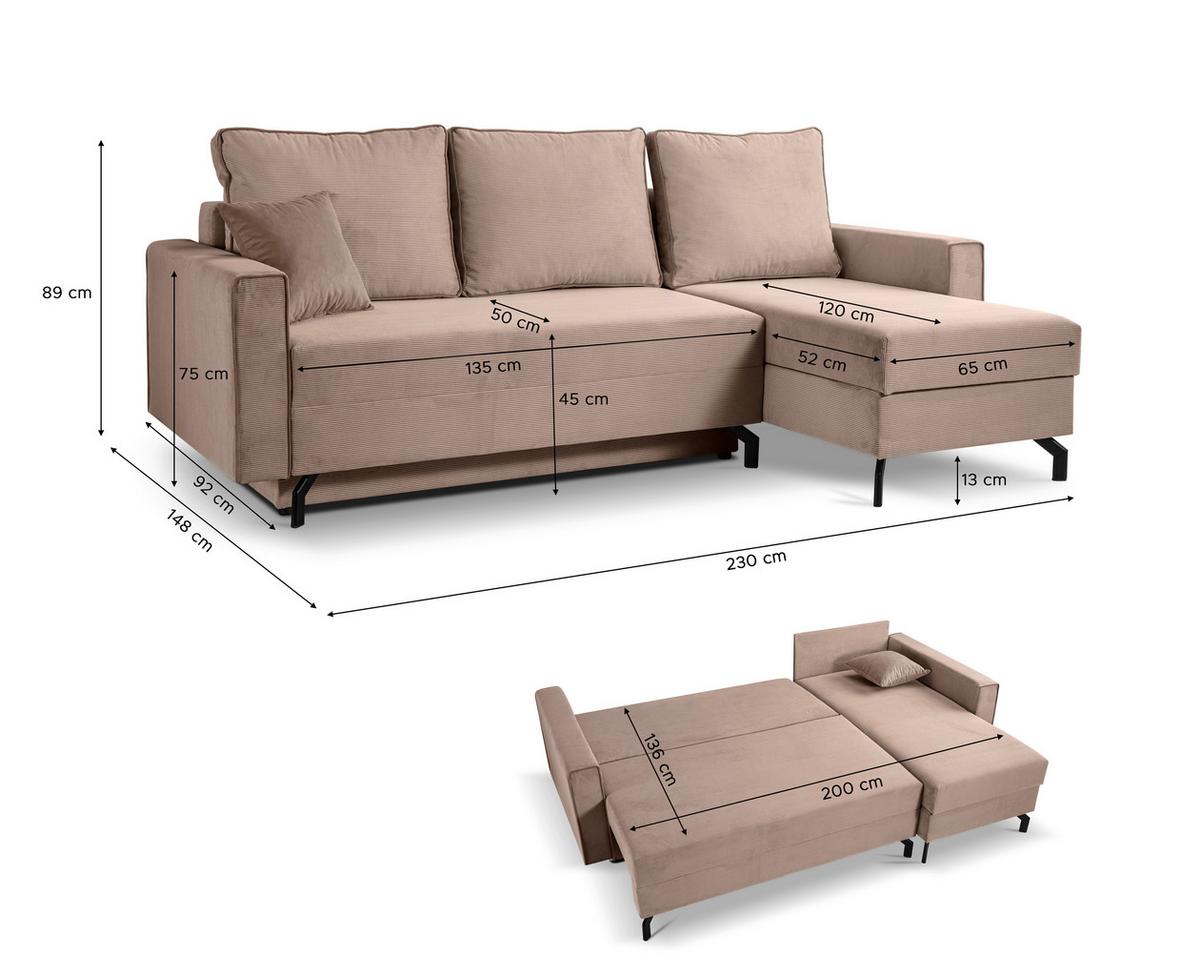 Ecksofa Marti Altrosa mit Schlaffunktion - Altrosa/Schwarz, Basics, Holz/Textil (230/148cm) - MID.YOU