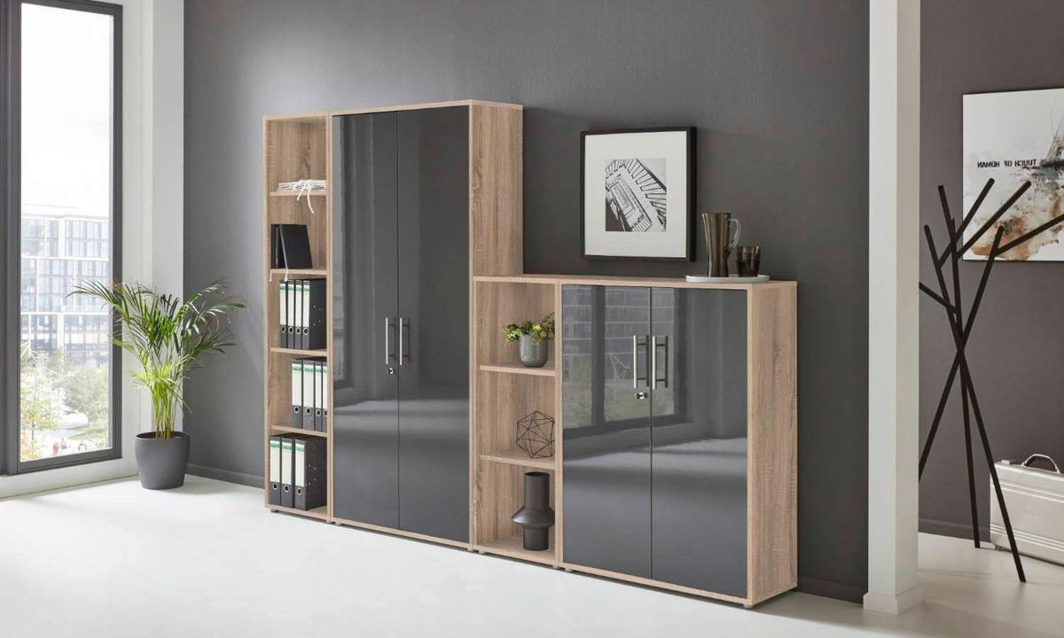 Büro Office Edition Set 4 Sonoma Eiche/Anthrazit - Anthrazit Hochglanz/Sonoma Eiche, MODERN, Holzwerkstoff - MID.YOU