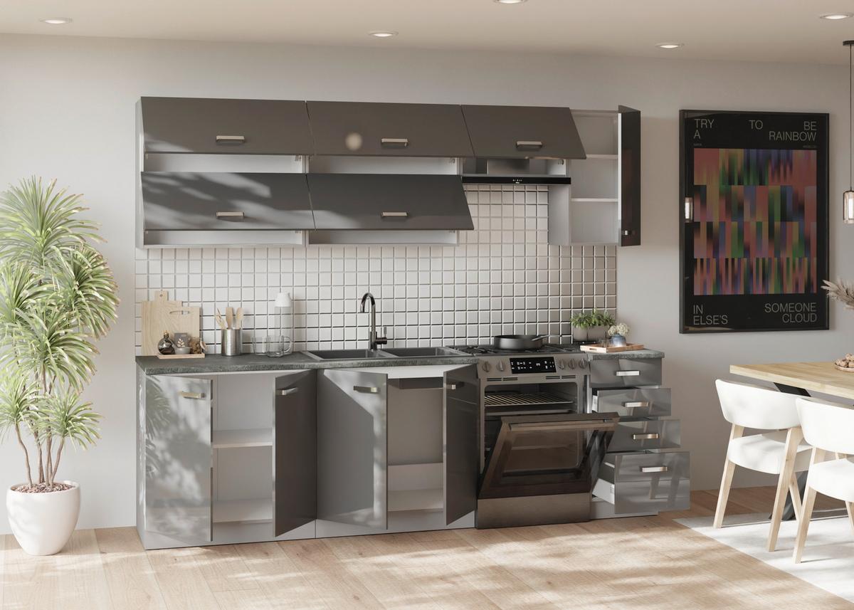 Blok Kuhinja Grey - siva visoki sjaj/boja hroma, Moderno, metal/pločasti materijal (260/214/60cm) - Modern Living